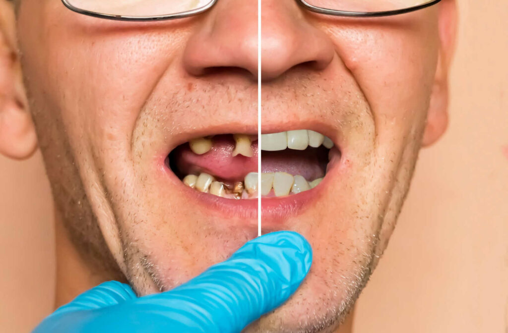 A close-up of a man before and after getting dental implants. The left photo is showing his mouth with missing teeth and the right is a photo of him after getting a dental implant.